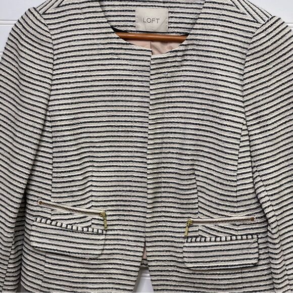 Womens Black & Light Cream Tweed Striped Crop Boxy Fit Blazer Suit Jacket Size 8 - Picture 4 of 15